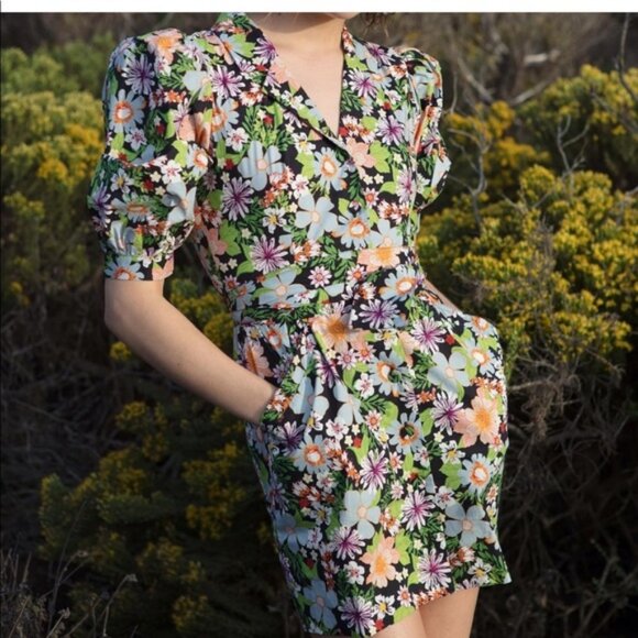 Womens LHD Casitas Black Multicolor Floral Puff Sleeve Mini Dress 0 - Picture 1 of 15